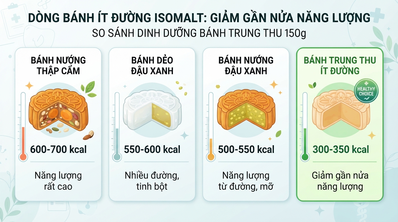 Dòng bánh ít đường Isomalt giúp giảm gần nửa năng lượng so với bánh truyền thống.