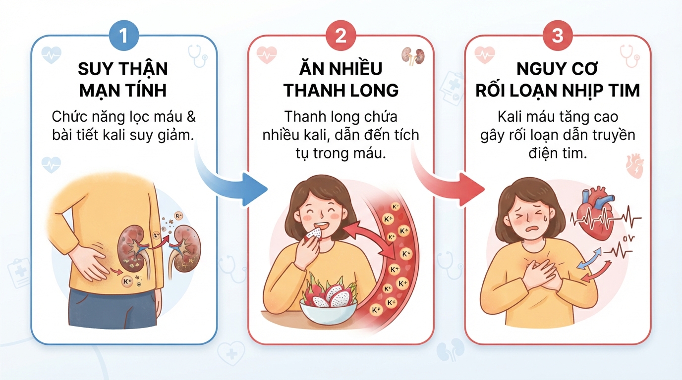 Dư thừa kali do suy thận làm tăng nguy cơ biến chứng rối loạn nhịp tim.