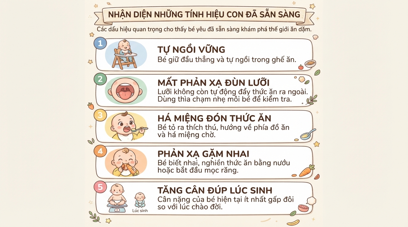 Bé mấy tháng nên ăn dặm? Dấu hiệu cho thấy trẻ đã sẵn sàng