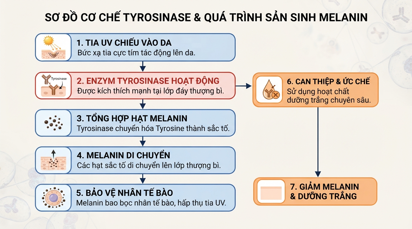 Enzym Tyrosinase kích thích sản sinh melanin bảo vệ nhân tế bào khi tiếp xúc tia UV.
