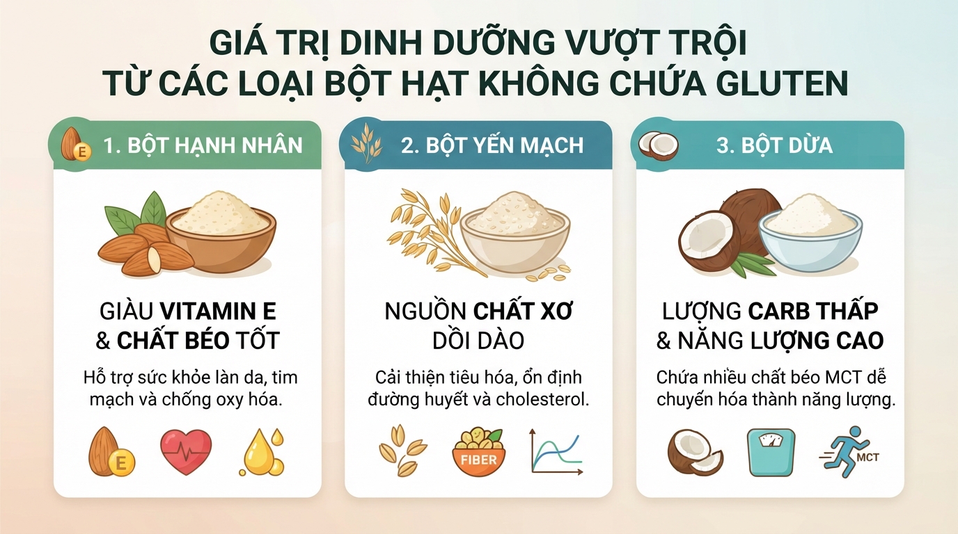 Giá trị dinh dưỡng vượt trội từ các loại bột hạt không chứa gluten.