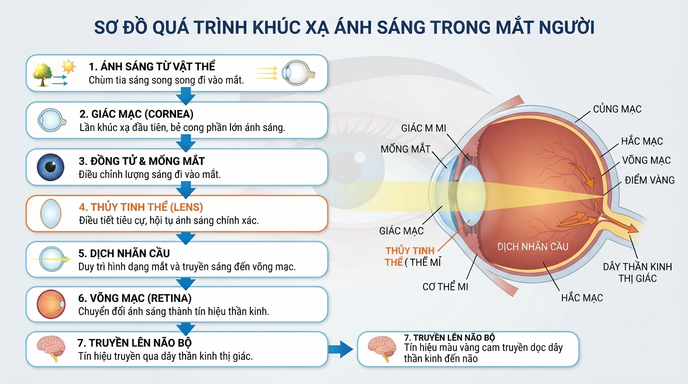 Giác mạc cùng thủy tinh thể hội tụ chùm sáng chính xác trên bề mặt võng mạc.
