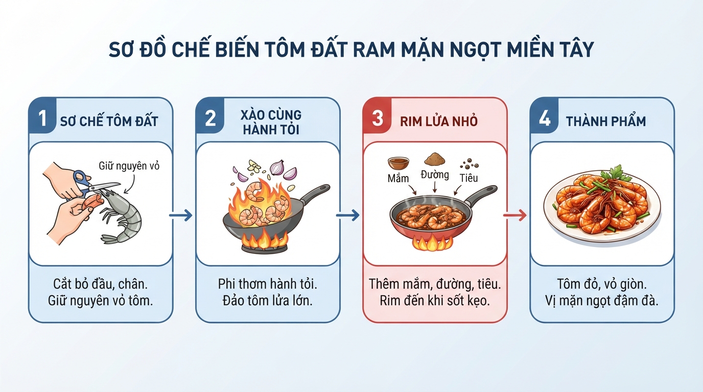 Giữ nguyên vỏ khi ram giúp tôm ngấm gia vị và giữ độ giòn rụm.