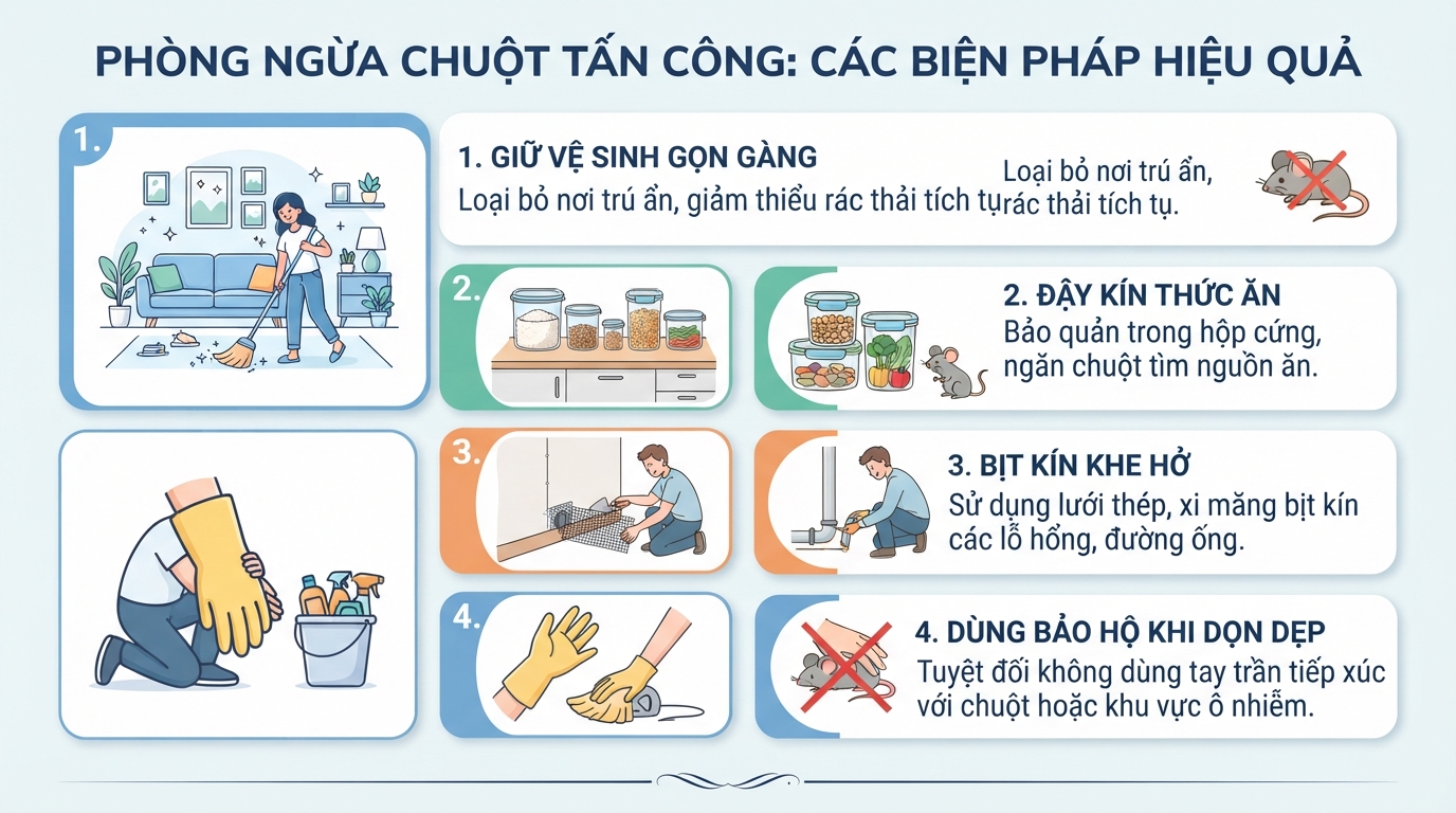 Giữ vệ sinh nhà cửa, bịt kín khe hở và dùng bảo hộ giúp ngăn chặn chuột tấn công.