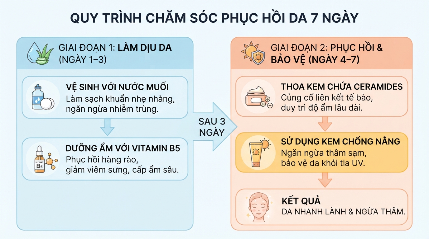 Hai giai đoạn chăm sóc phục hồi then chốt giúp da nhanh lành và ngừa thâm.