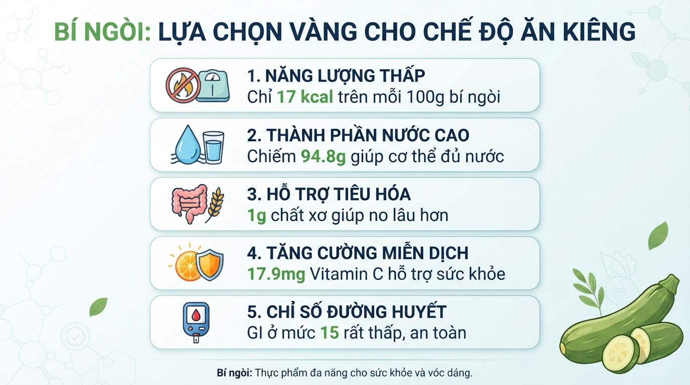 Hàm lượng calo thấp giúp bí ngòi trở thành thực phẩm lý tưởng cho người ăn kiêng.