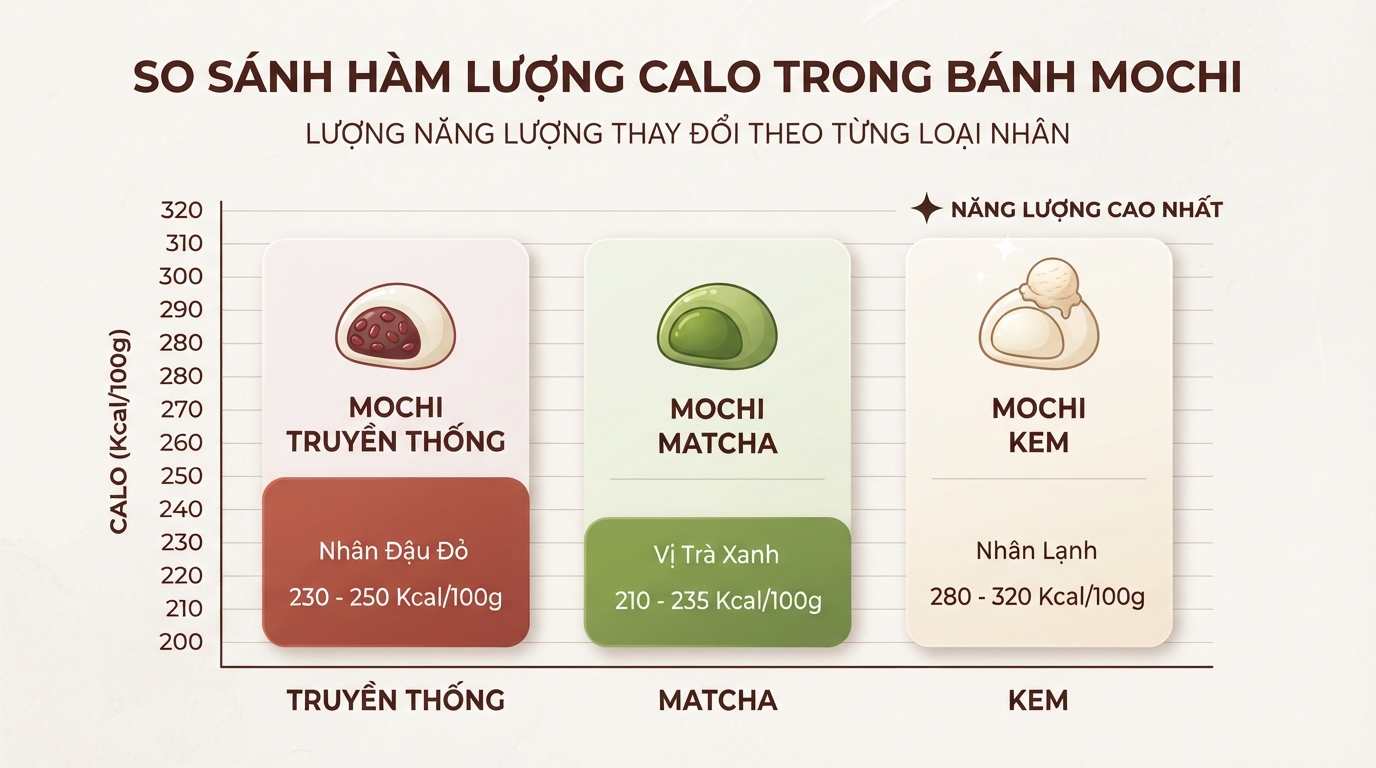 Hàm lượng calo trong bánh mochi thay đổi đáng kể tùy theo từng loại nhân bánh.