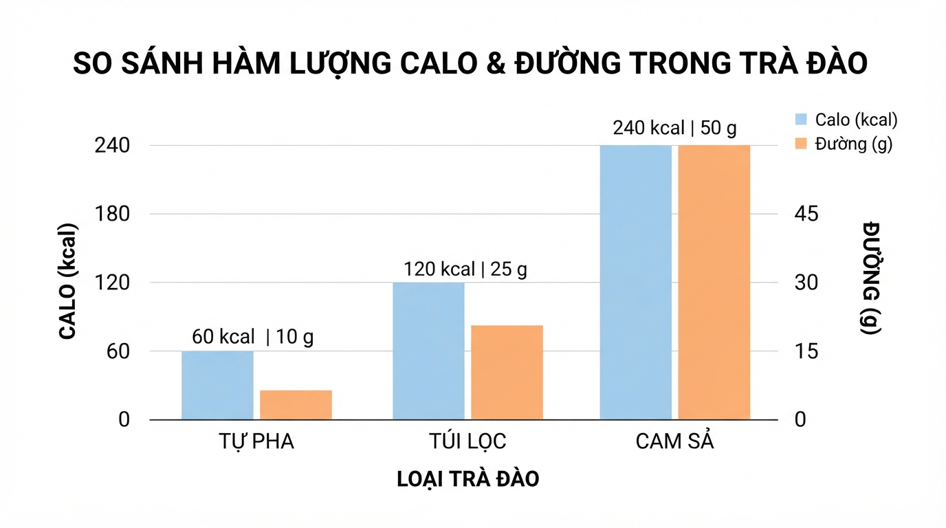 Hàm lượng calo và đường trong các loại trà đào từ tự pha đến thương mại.