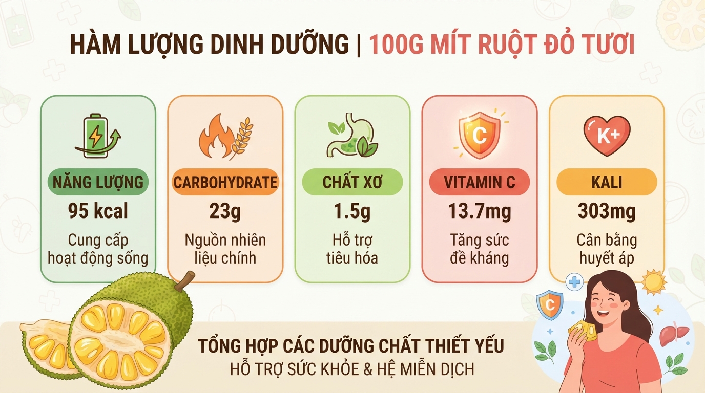 Hàm lượng dinh dưỡng và vi chất thiết yếu có trong 100g mít ruột đỏ tươi.