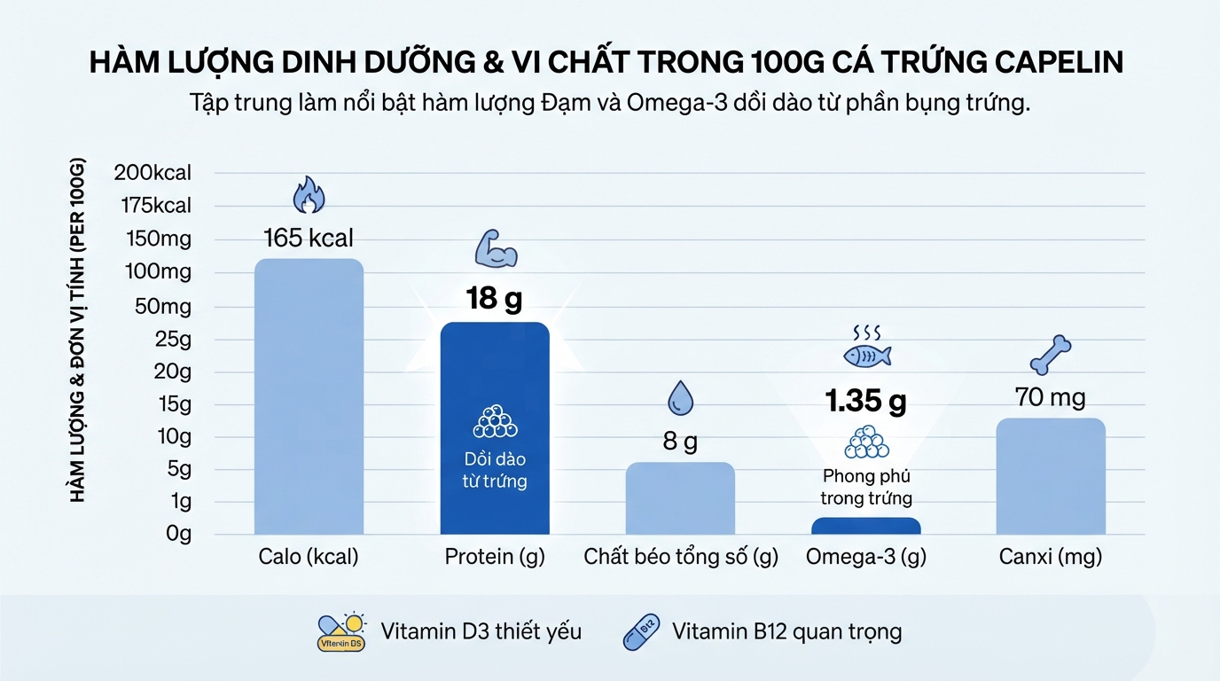 Hàm lượng dinh dưỡng và vi chất thiết yếu tính trên 100g cá trứng capelin tươi.