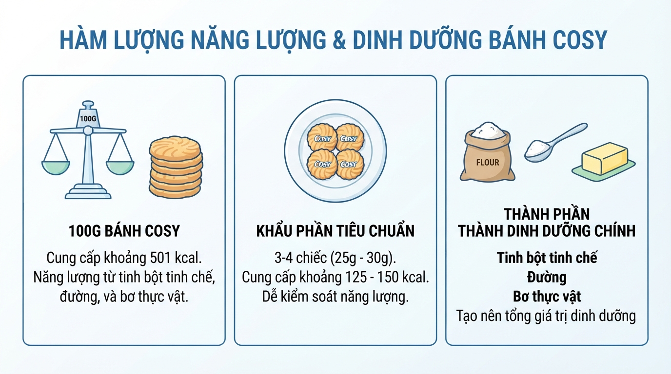 Hàm lượng năng lượng và dinh dưỡng trong khẩu phần ăn bánh cosy chuẩn.