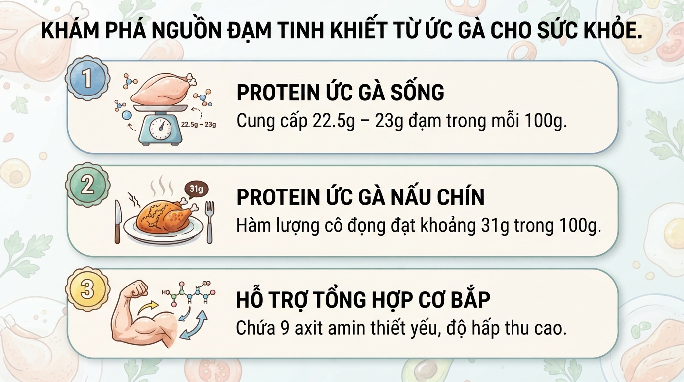Ức gà chứa bao nhiêu protein? Giá trị dinh dưỡng và cách dùng hợp lý