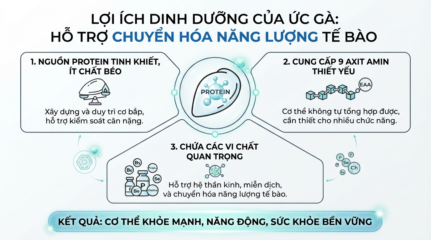 Hàm lượng protein trong ức gà giúp hỗ trợ quá trình chuyển hóa năng lượng tế bào.