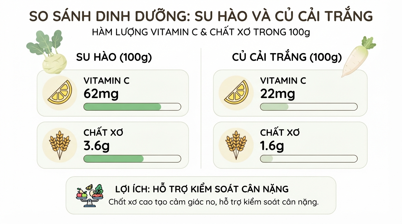 Hàm lượng vitamin C và chất xơ ở su hào vượt trội hơn hẳn củ cải trắng.