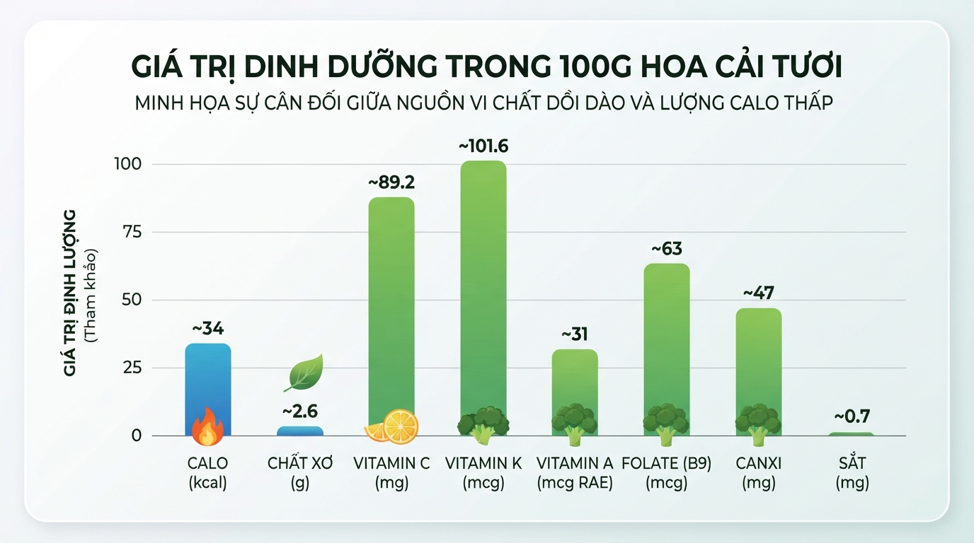 Hàm lượng vitamin C và khoáng chất nổi bật tính trên 100g rau tươi.