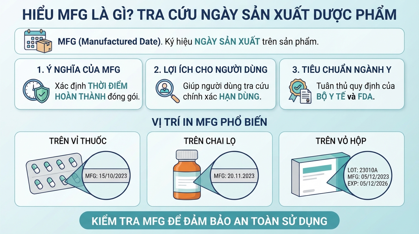Hiểu mfg là gì giúp người dùng tra cứu chính xác ngày xuất xưởng của dược phẩm.
