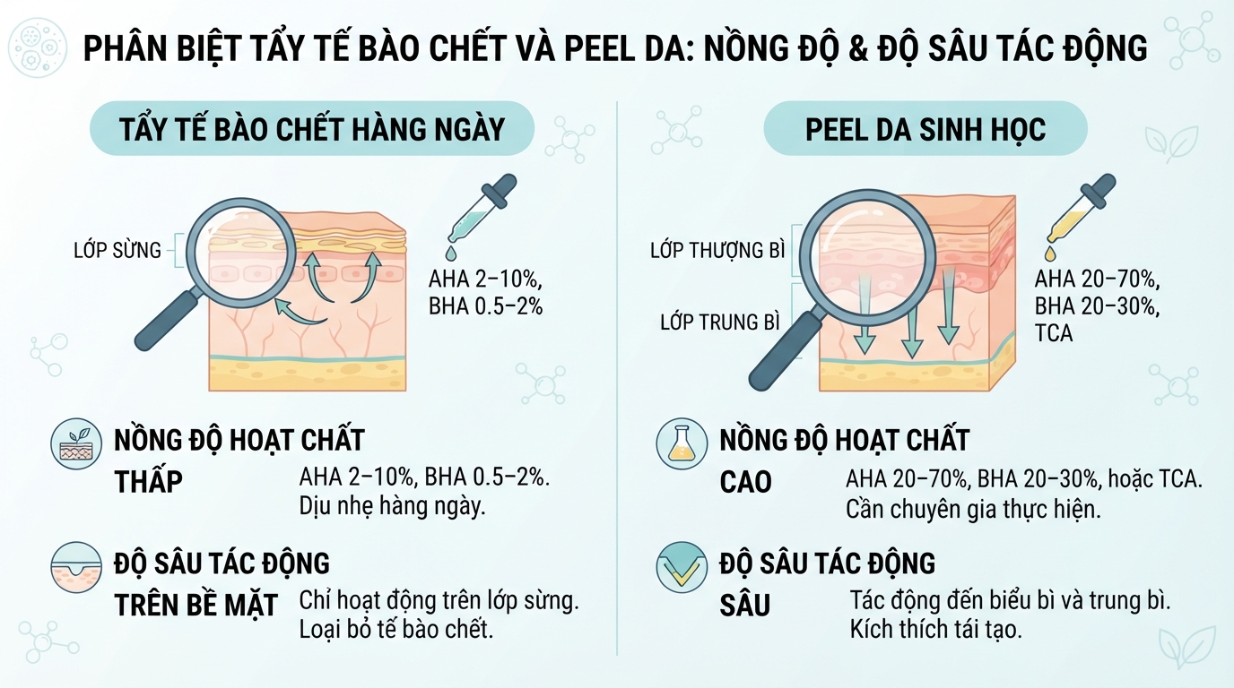 Hiểu peel da là gì giúp phân biệt nồng độ hoạt chất với tẩy tế bào chết thông thường.