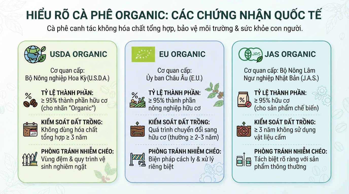 Hiểu rõ cà phê organic là gì qua các tiêu chuẩn chứng nhận USDA và EU.