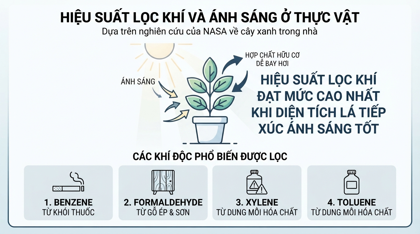 Hiệu suất lọc khí đạt mức cao nhất khi diện tích lá tiếp xúc ánh sáng tốt.