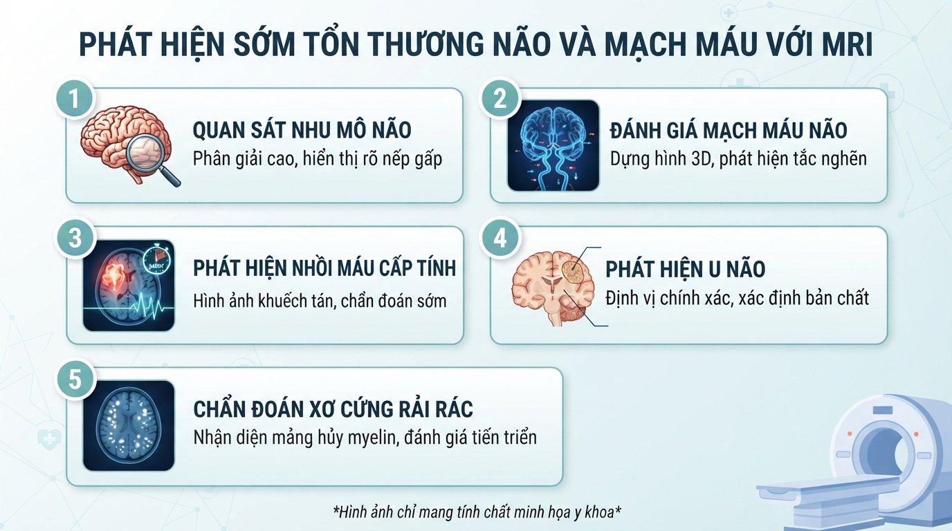 Hình ảnh MRI hỗ trợ phát hiện sớm tổn thương nhu mô và mạch máu nào.