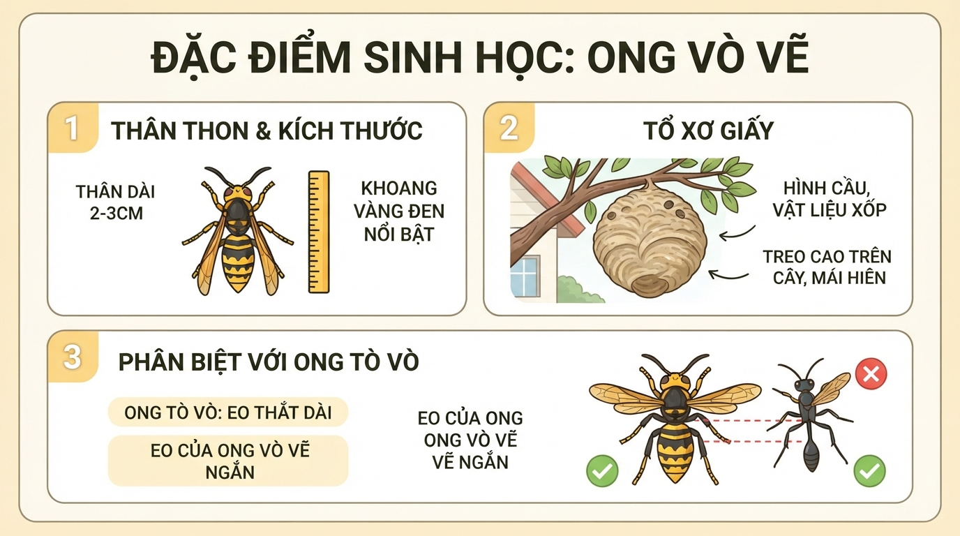 Hình dáng khoang vàng đen và tổ xơ giấy đặc trưng của ong vò vẽ.