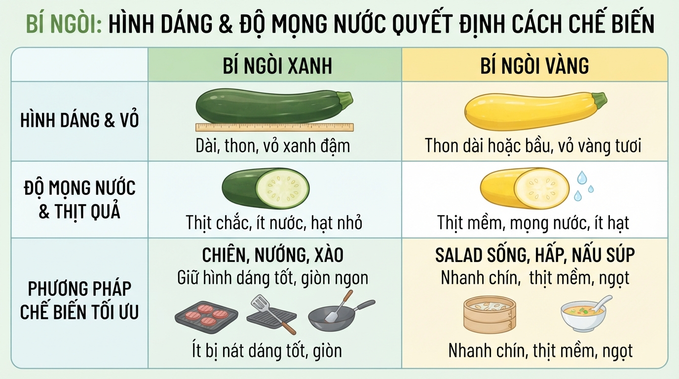 Hình dáng và độ mọng nước khác nhau quyết định phương pháp chế biến tối ưu.