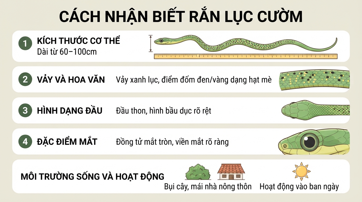 Hình thái nhận biết rắn lục cườm với vảy xanh lục đốm đen và mắt tròn.