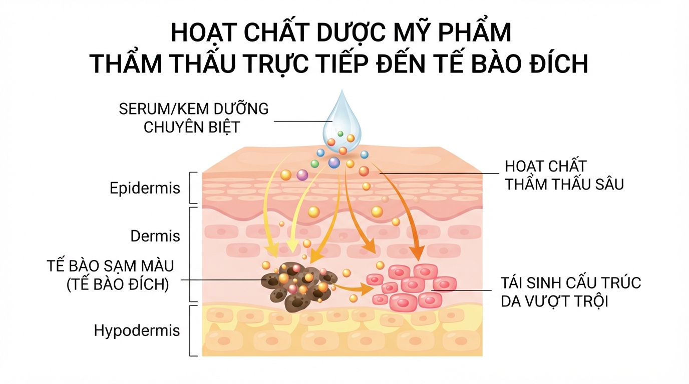 Hoạt chất từ dược mỹ phẩm thẩm thấu trực tiếp đến tế bào đích dưới biểu bì.