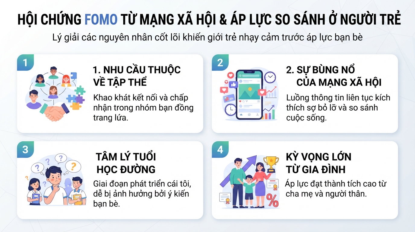 Hội chứng FOMO từ mạng xã hội gia tăng áp lực so sánh ở người trẻ.