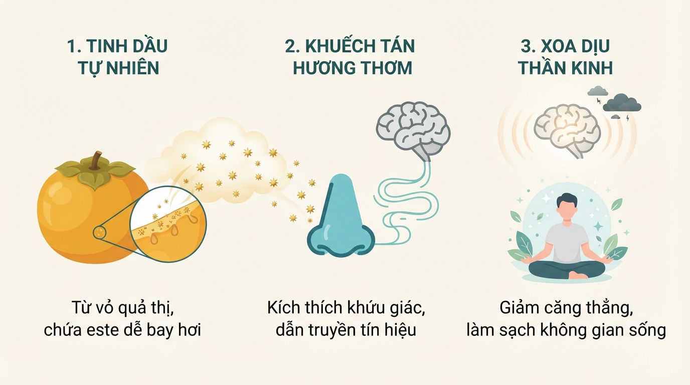 Hợp chất este tự nhiên từ vỏ quả khuếch tán hỗ trợ xoa dịu thần kinh.