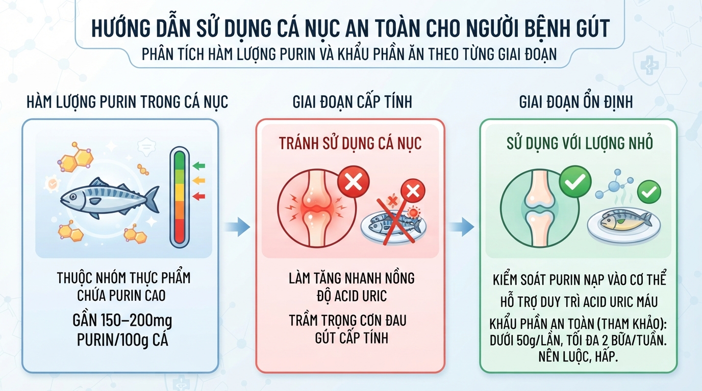 Hướng dẫn sử dụng cá nục an toàn cho người bệnh gút theo từng giai đoạn.