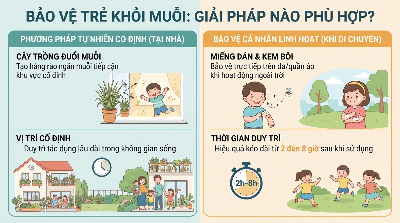 Kem bôi và miếng dán chống muỗi phù hợp khi trẻ di chuyển ngoài trời.