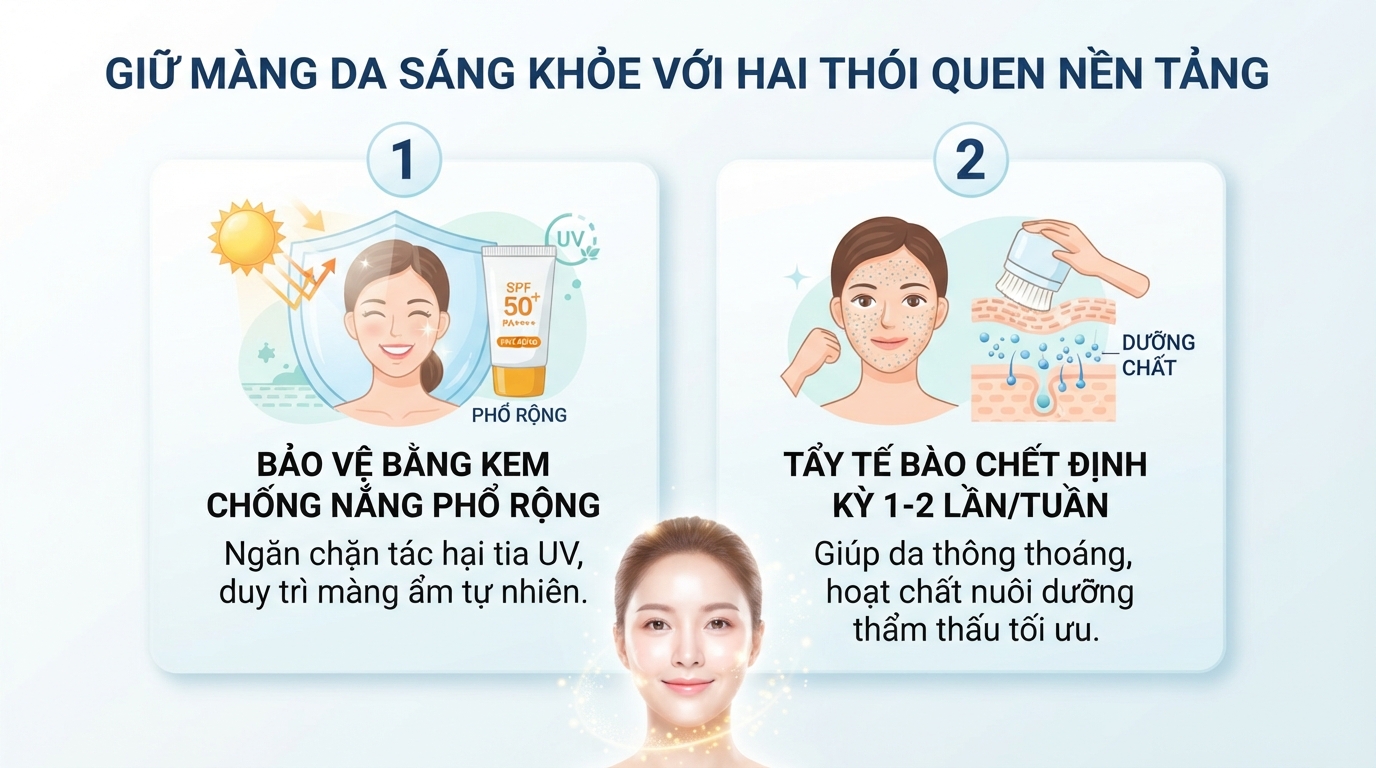 Kem chống nắng và tẩy tế bào chết định kỳ giúp bảo vệ tối ưu màng ẩm.