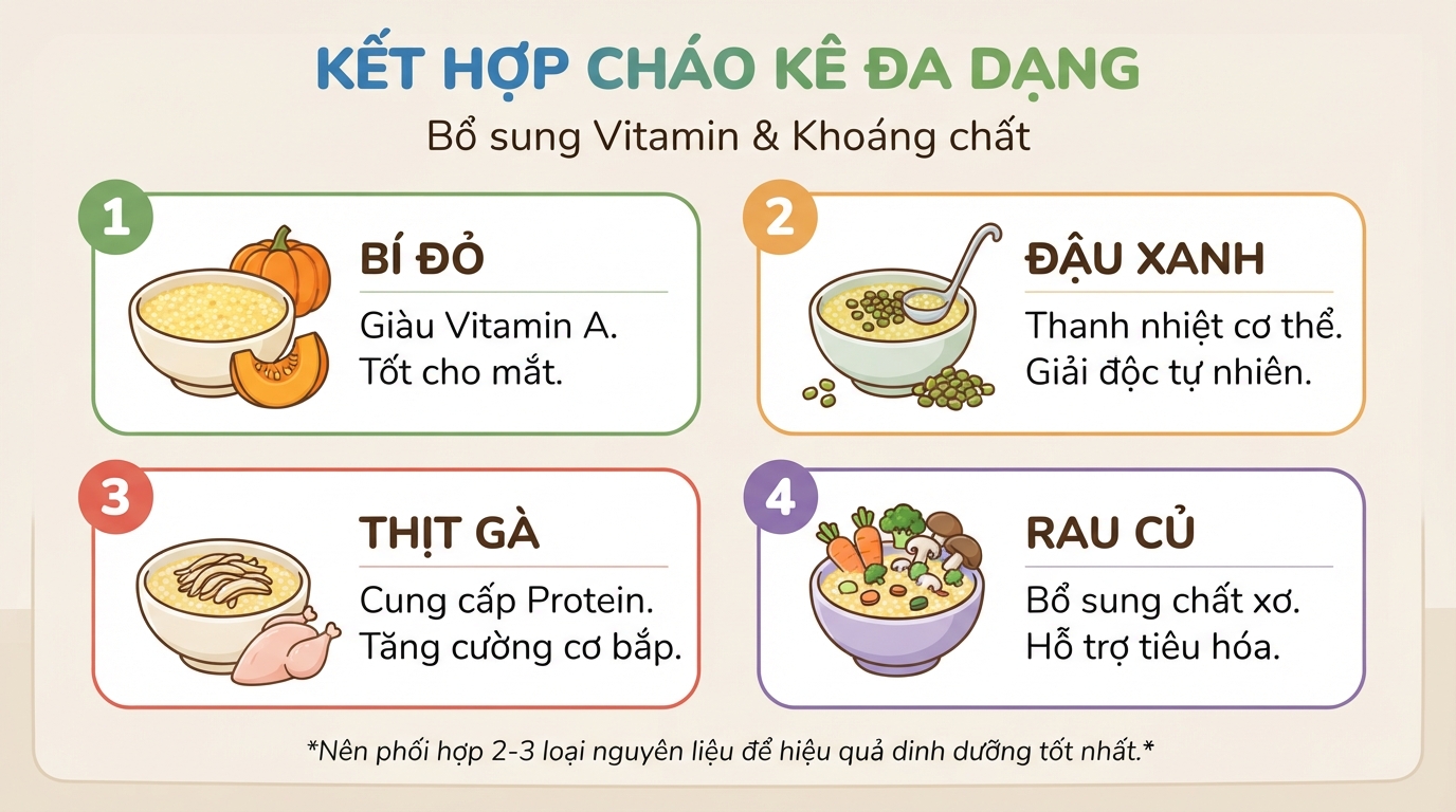Kết hợp cháo kê với bí đỏ hoặc gà giúp bổ sung đa dạng vitamin và khoáng chất.