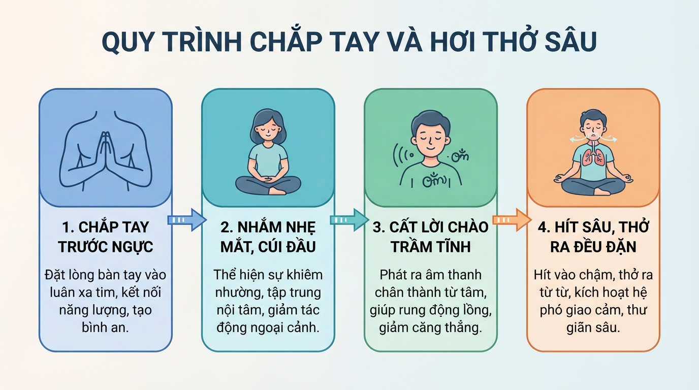 Kết hợp chắp tay cùng hơi thở sâu hỗ trợ định tâm và giải tỏa áp lực hiệu quả.