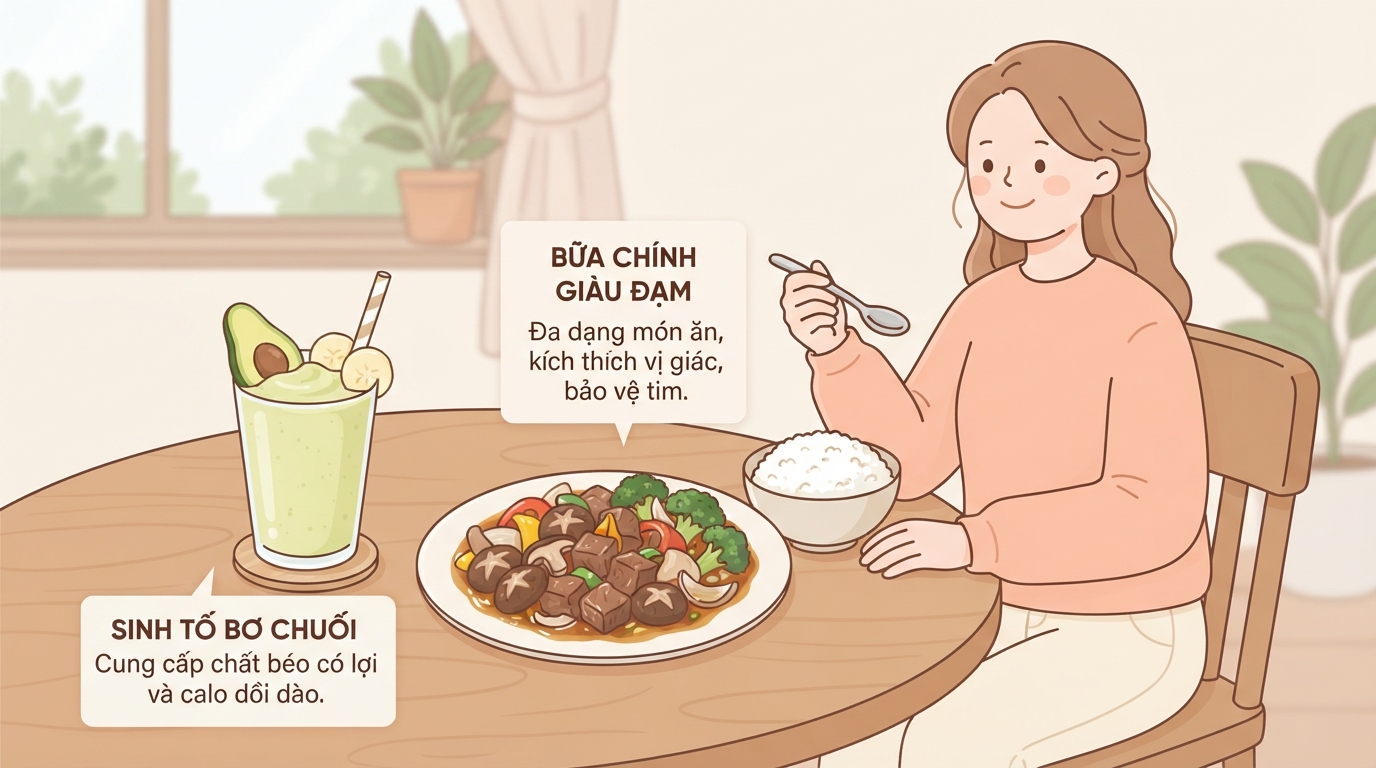 Kết hợp sinh tố bơ chuối cùng bữa chính giàu đạm giúp bổ sung calo hiệu quả.