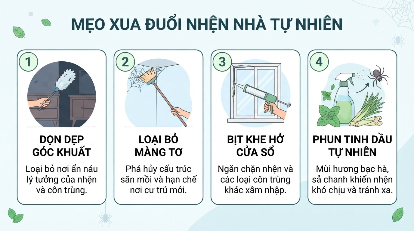 Kết hợp vệ sinh nhà cửa và xịt tinh dầu bạc hà giúp xua đuổi nhện tự nhiên.