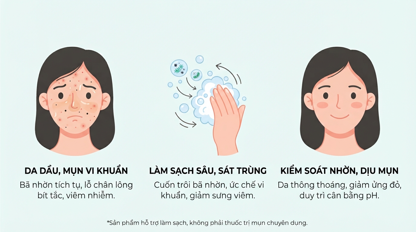 Khả năng làm sạch bã nhờn và dịu vùng da mụn do vi khuẩn.