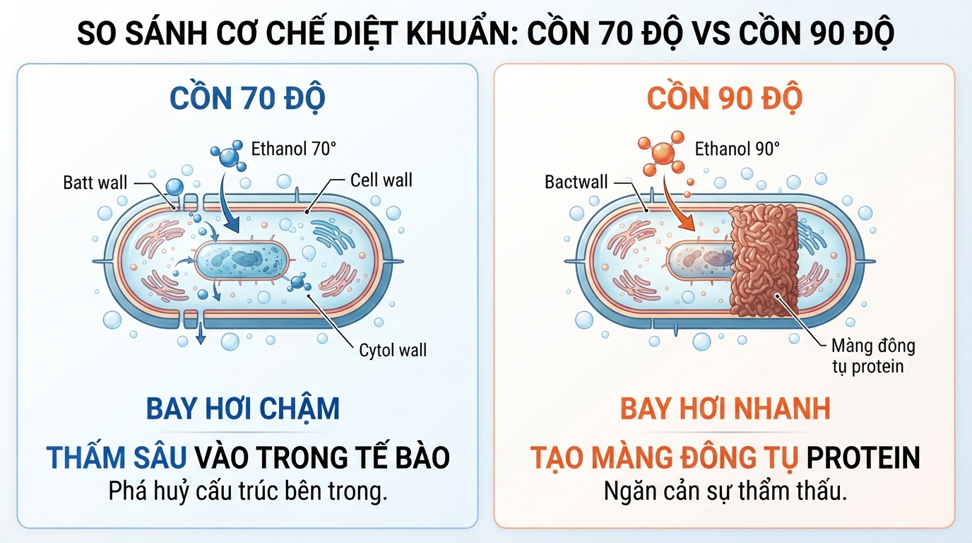 Khác biệt về khả năng diệt khuẩn của cồn sát trùng 70 độ và 90 độ. Khác biệt về khả năng diệt khuẩn của cồn sát trùng 70 độ và 90 độ.