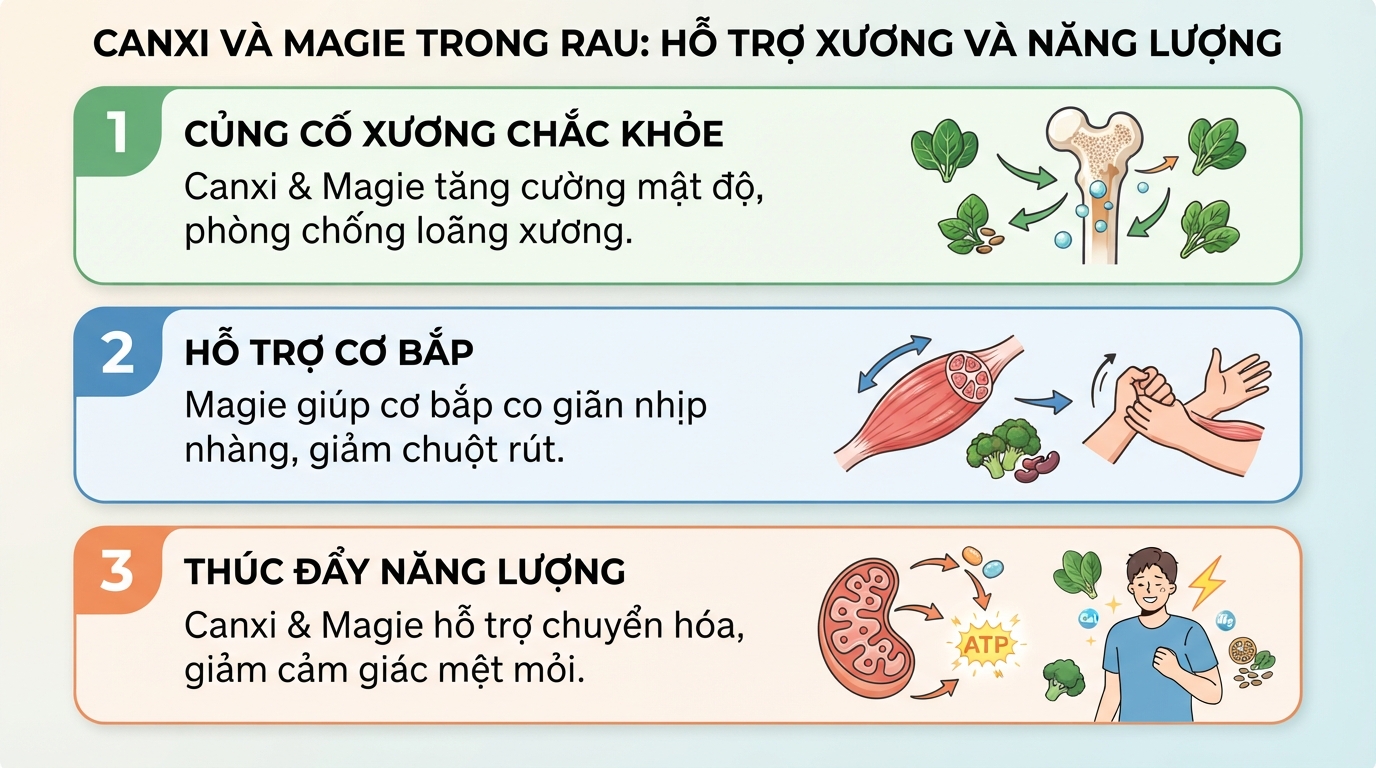 Khoáng chất canxi và magie trong rau hỗ trợ mật độ xương cùng chuyển hóa năng lượng.