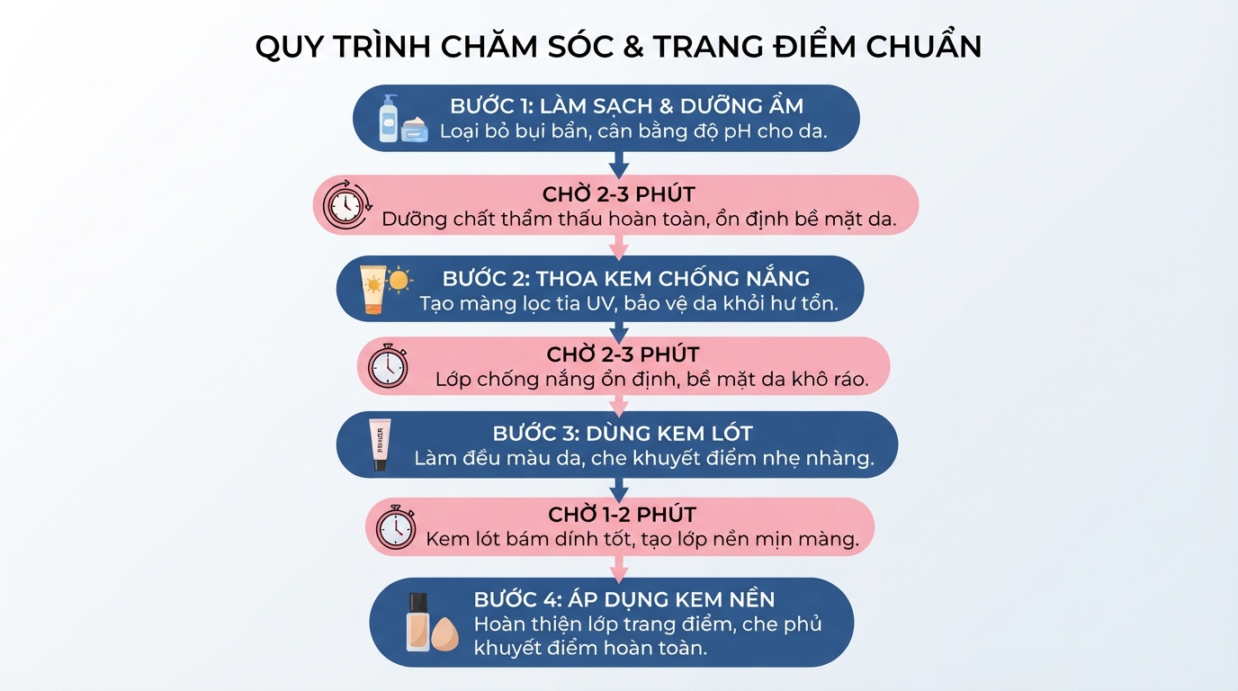 Khoảng nghỉ vài phút giữa các bước giúp dưỡng chất định hình ổn định trên da.
