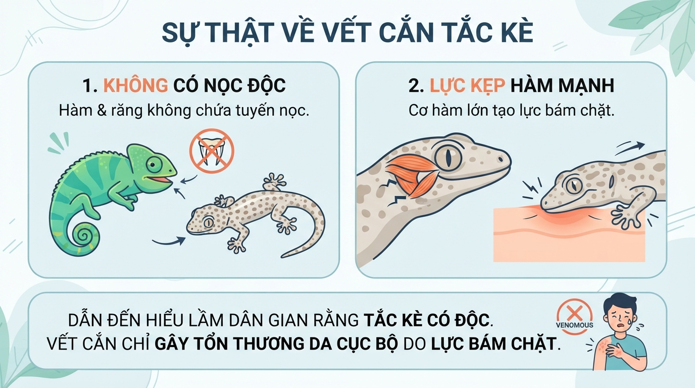 Không chứa nọc độc, con tắc kè hoa chỉ gây tổn thương da do lực kẹp hàm.