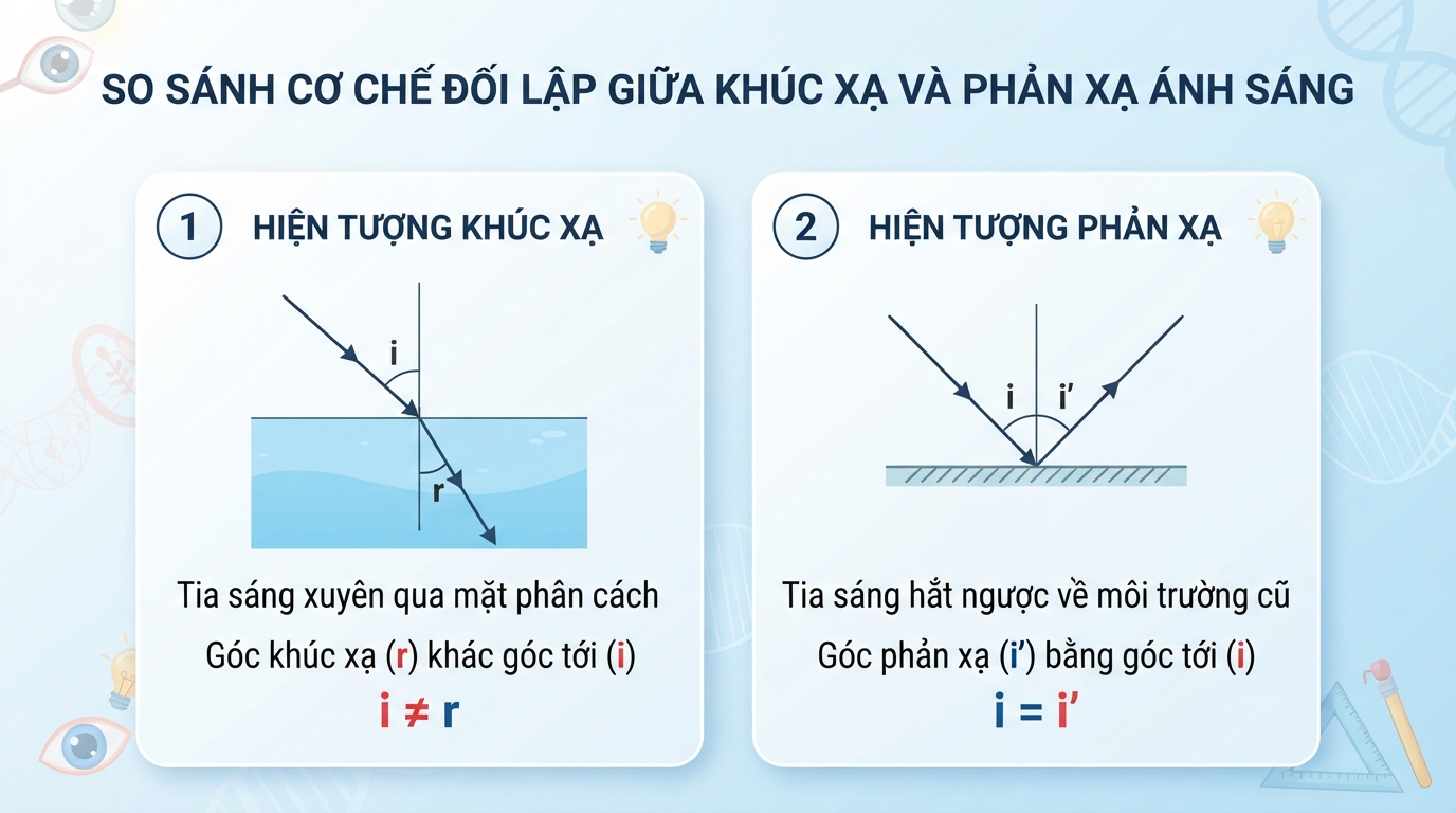 Khúc xạ làm đổi hướng tia sáng xuyên qua, phản xạ hắt ngược về môi trường cũ.