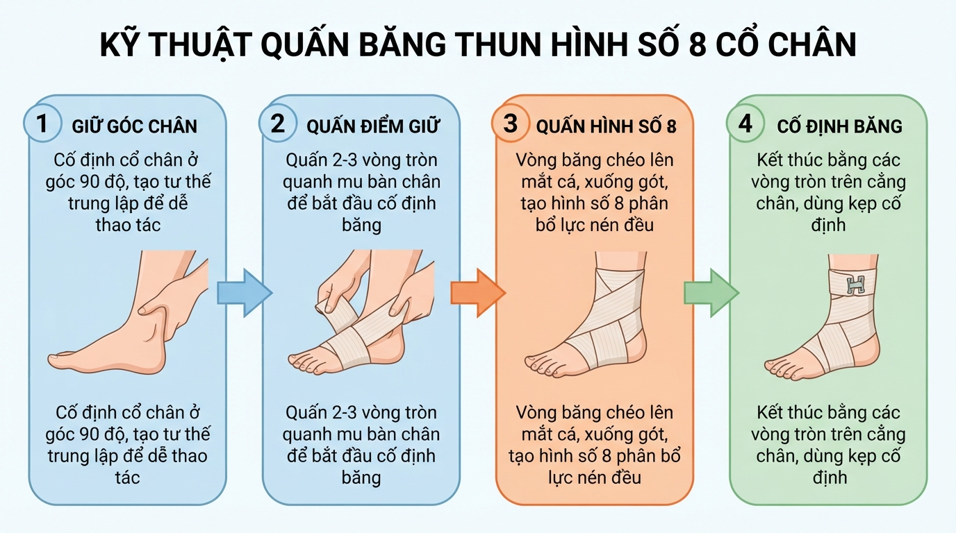 Kỹ thuật quấn hình số 8 giúp phân bổ lực nén đều quanh khớp.