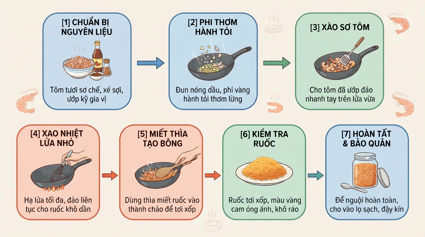 Kỹ thuật xao nhiệt trên lửa nhỏ giúp ruốc tôm có màu vàng cam đẹp và tơi xốp.