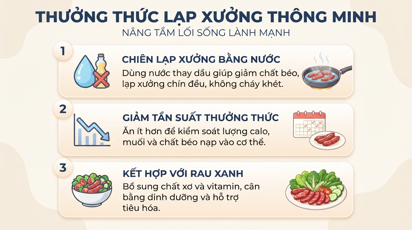 Lạp xưởng bao nhiêu calo? Cách chiên bằng nước ít béo nhất