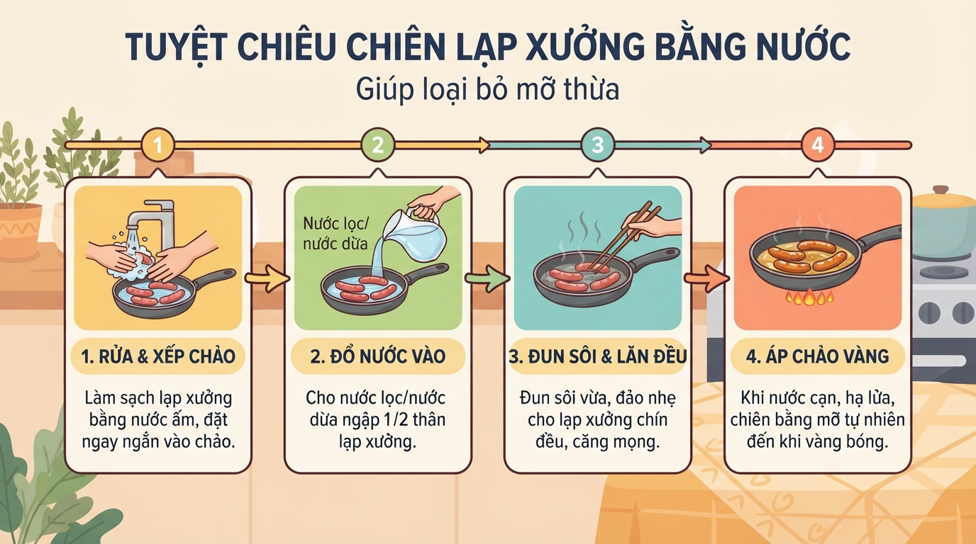 Lạp xưởng bao nhiêu calo? Cách chiên bằng nước ít béo nhất