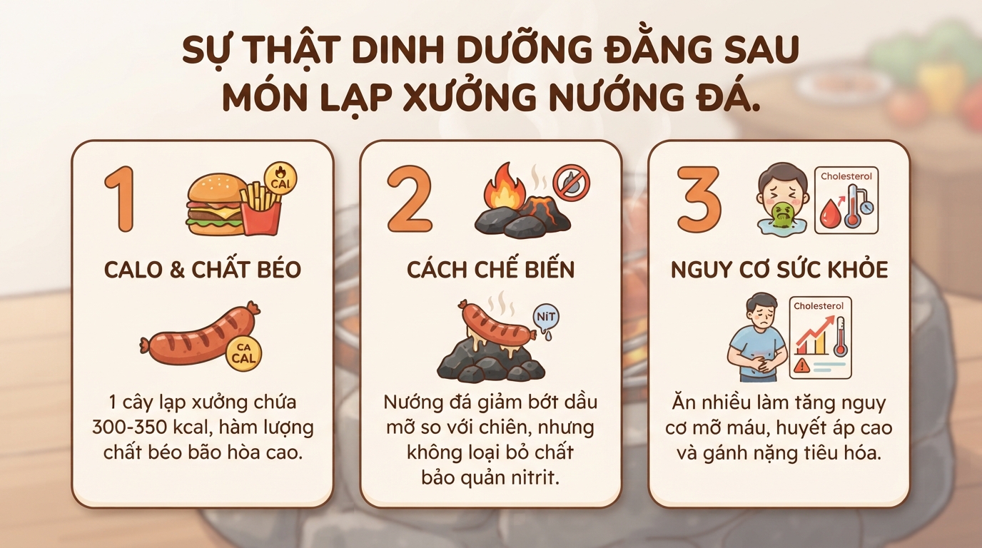Lạp xưởng nướng đá bao nhiêu calo? Tác hại sức khỏe và cách ăn chuẩn