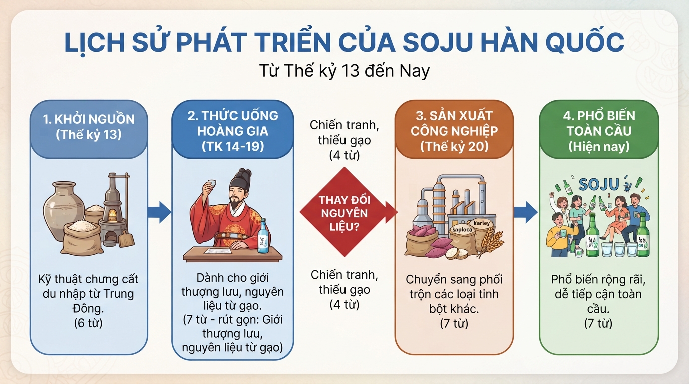 Lịch sử phát triển của soju qua các thời kỳ từ thế kỷ 13 đến nay.