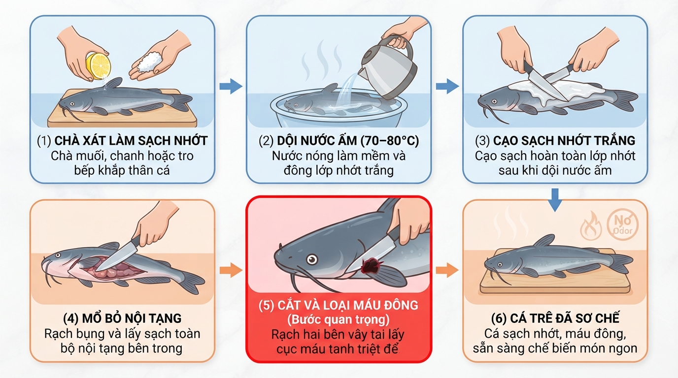 Loại bỏ máu đông và lớp nhớt giúp khử triệt để mùi tanh khi chế biến.